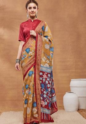 Mustard Floral Print Silk Saree Set