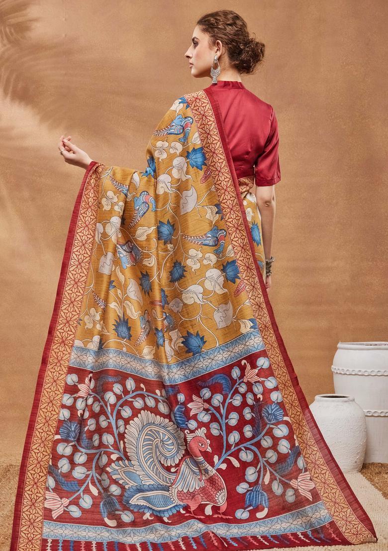 Mustard Floral Print Silk Saree Set - Indya