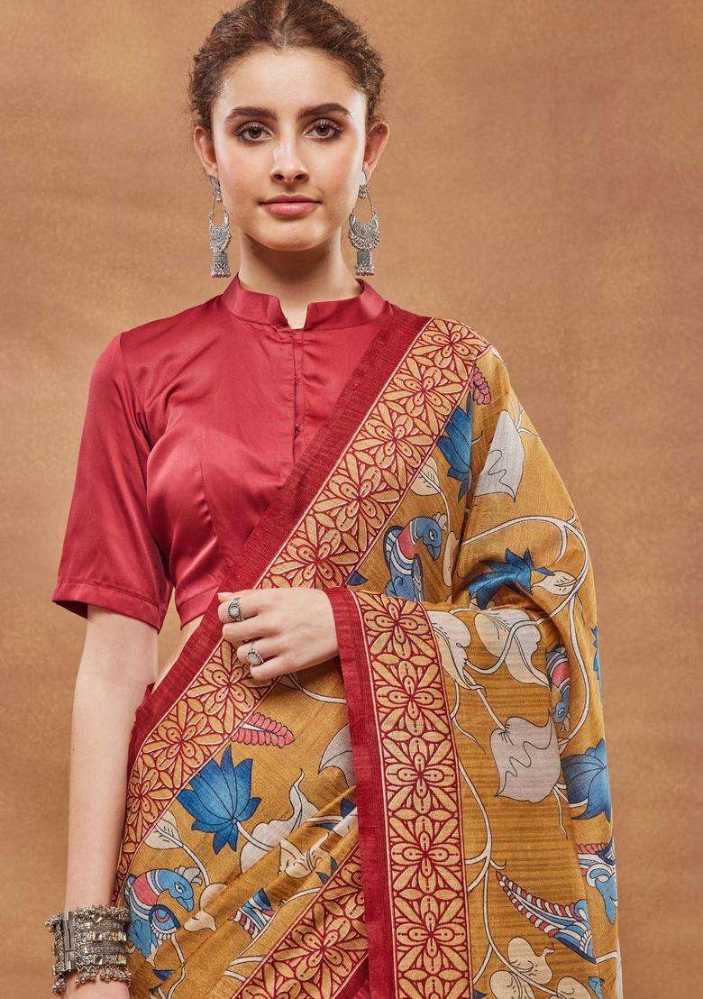 Mustard Floral Print Silk Saree Set for Diwali and Festive Wear - Indya