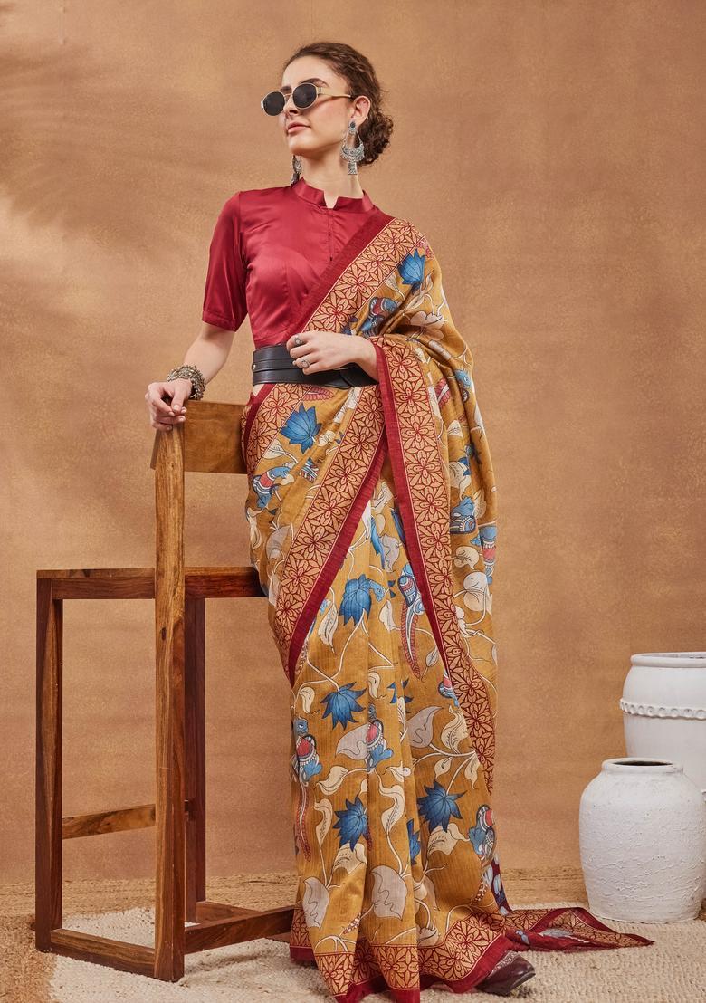 Mustard Floral Print Silk Saree Set - Indya