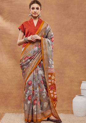 Grey Floral Print Silk Saree Set