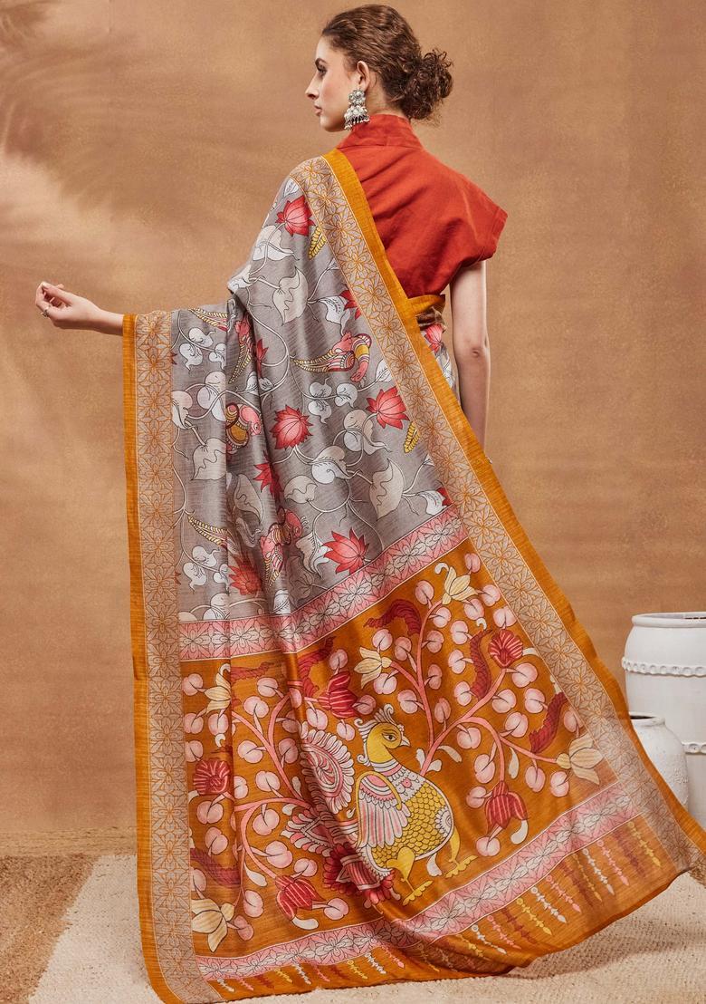 Grey Floral Print Silk Saree Set - Indya