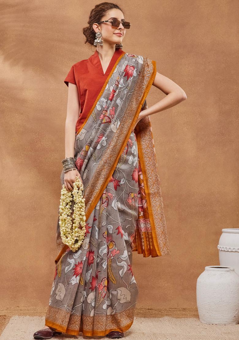 Grey Floral Print Silk Saree Set - Indya