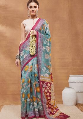 Turquoise Floral Print Silk Saree Set