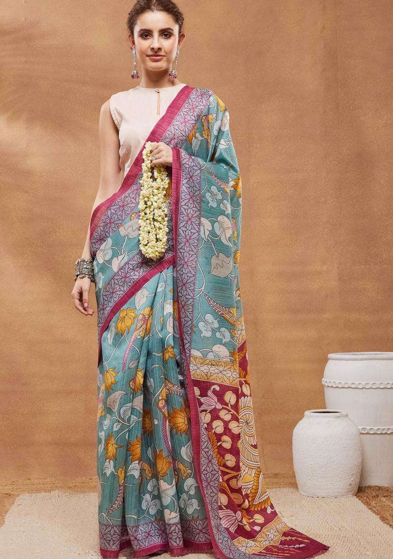 Turquoise Floral Print Silk Saree Set for Diwali and Festive Wear - Indya