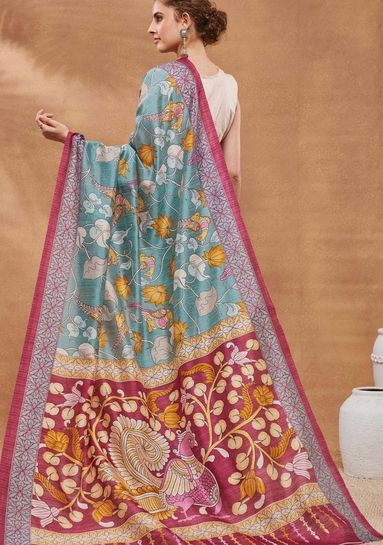 Turquoise Floral Print Silk Saree Set - Indya