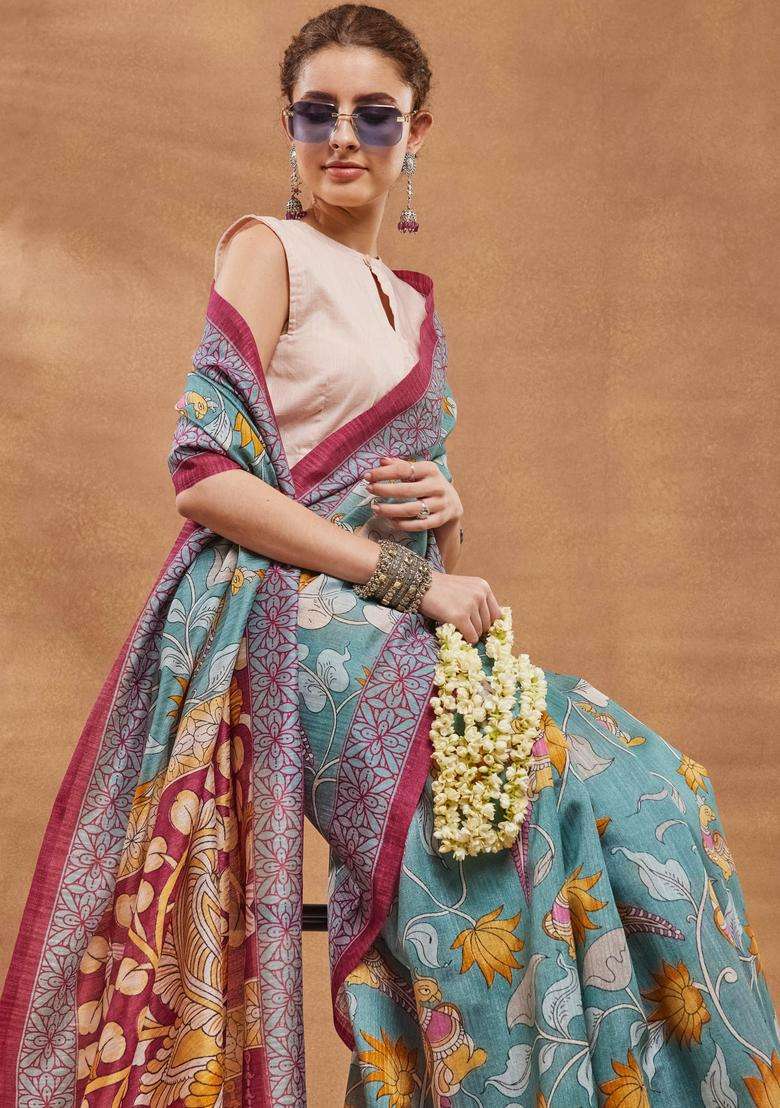 Turquoise Floral Print Silk Saree Set for Diwali and Festive Wear - Indya