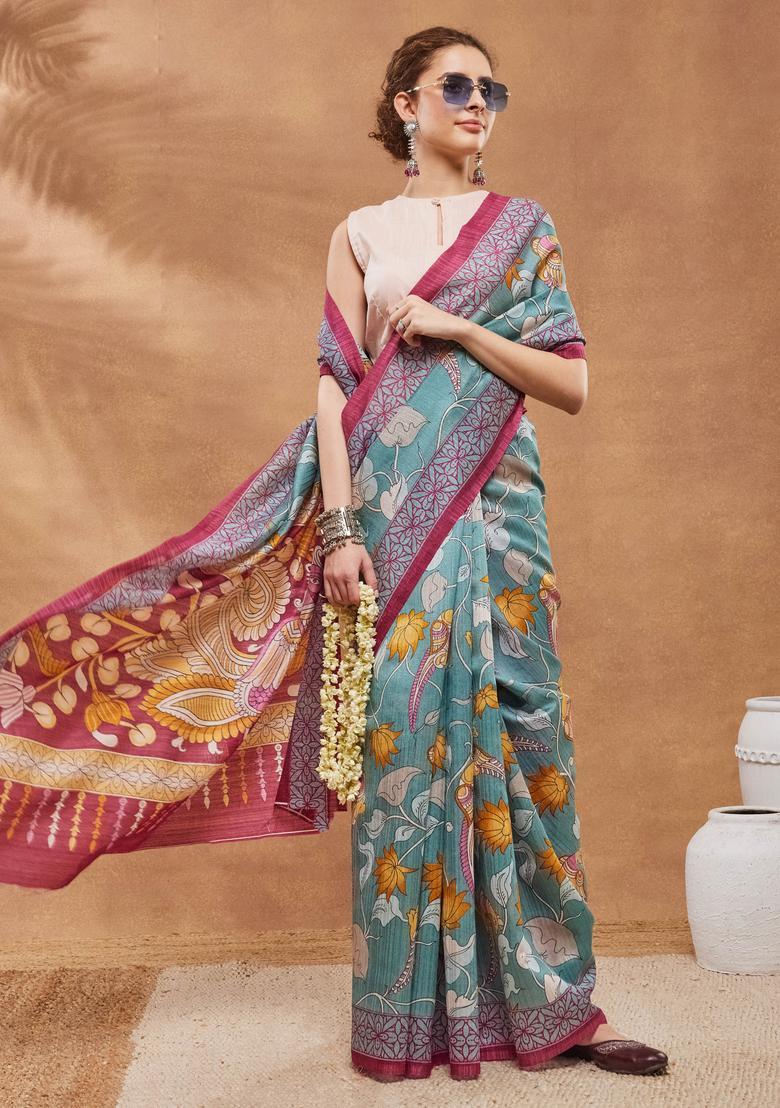 Turquoise Floral Print Silk Saree Set - Indya