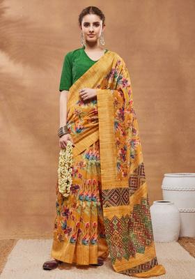 Mustard Floral Print Silk Saree Set