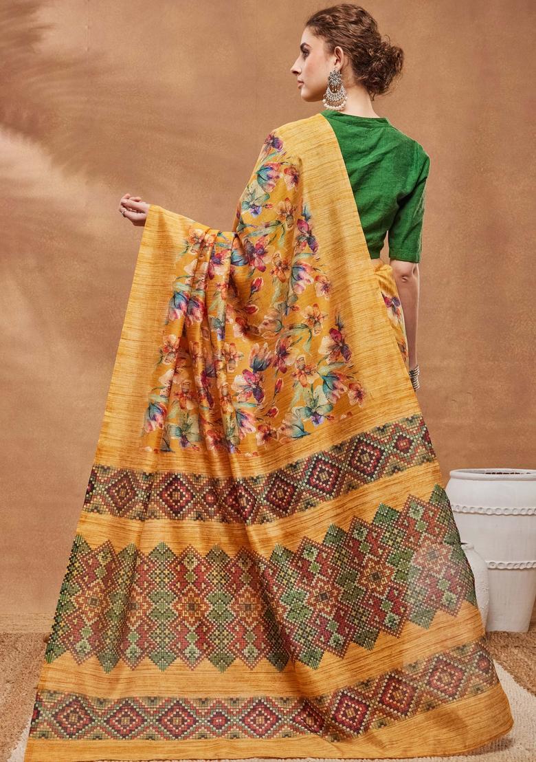 Mustard Floral Print Silk Saree Set - Indya