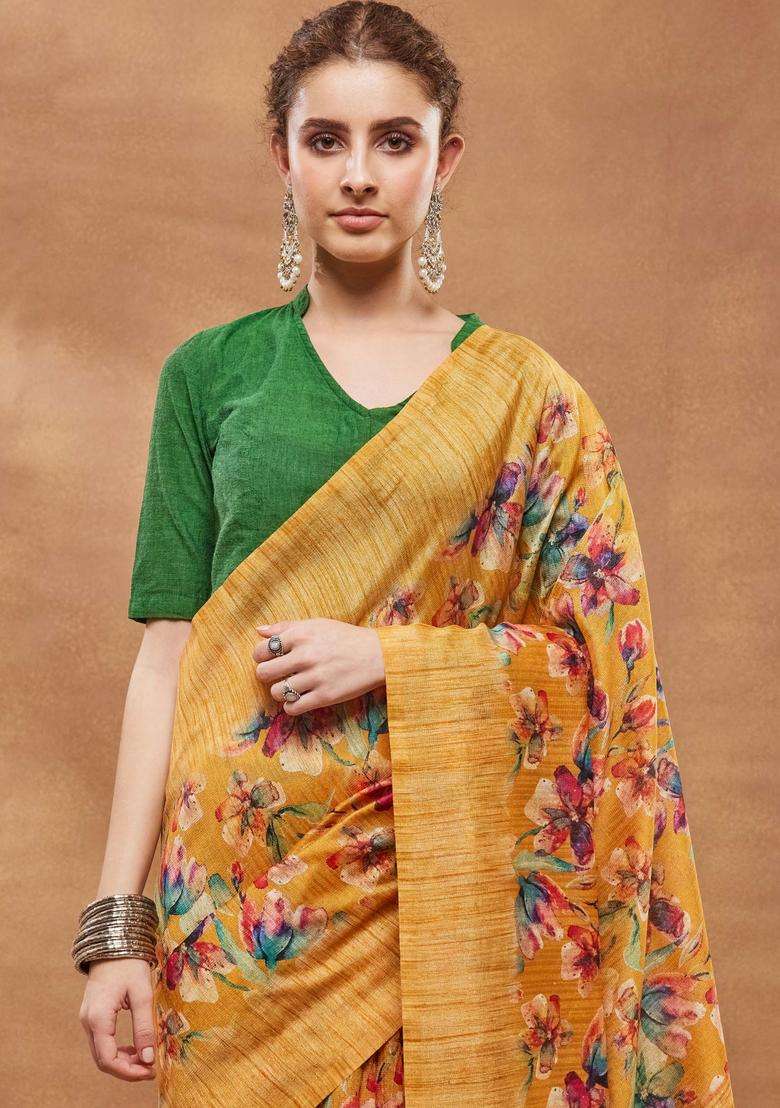 Mustard Floral Print Silk Saree Set for Diwali and Festive Wear - Indya