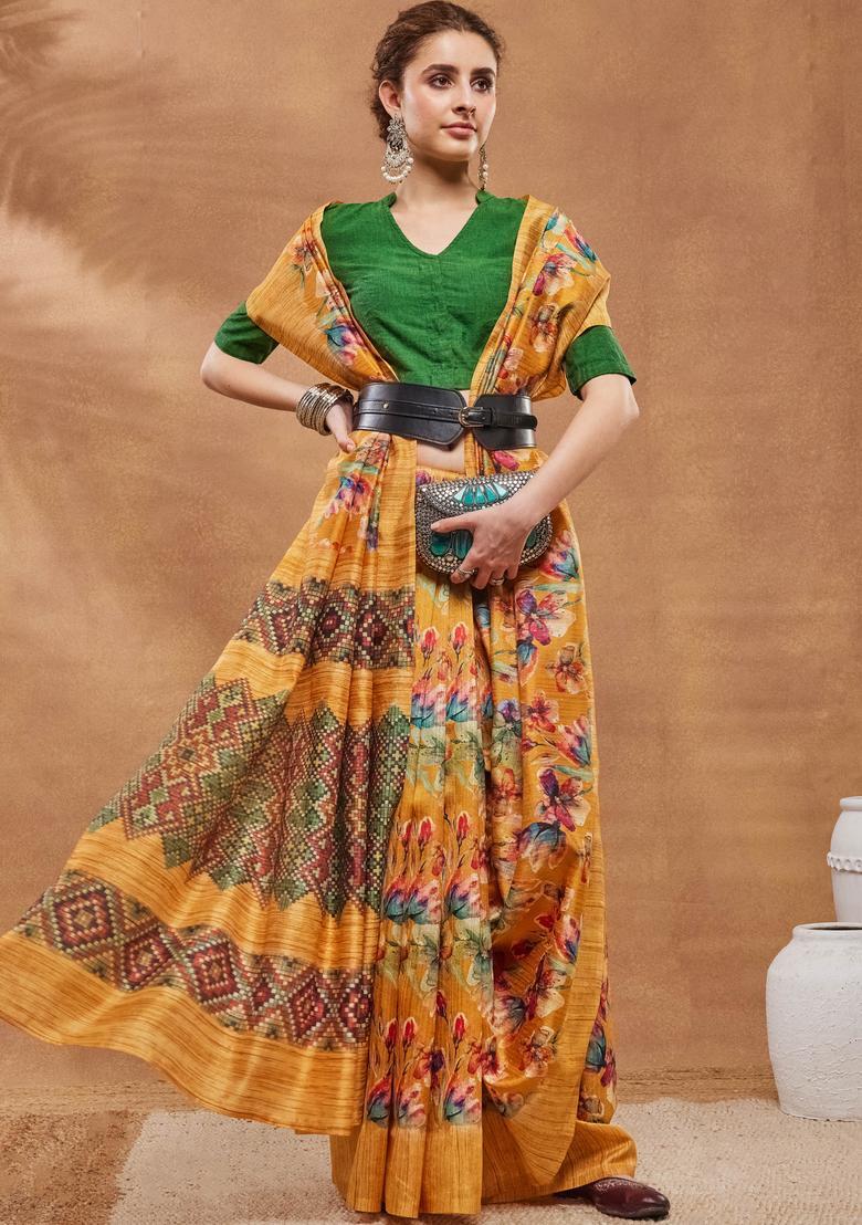 Mustard Floral Print Silk Saree Set - Indya