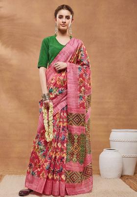 Pink Floral Print Silk Saree Set