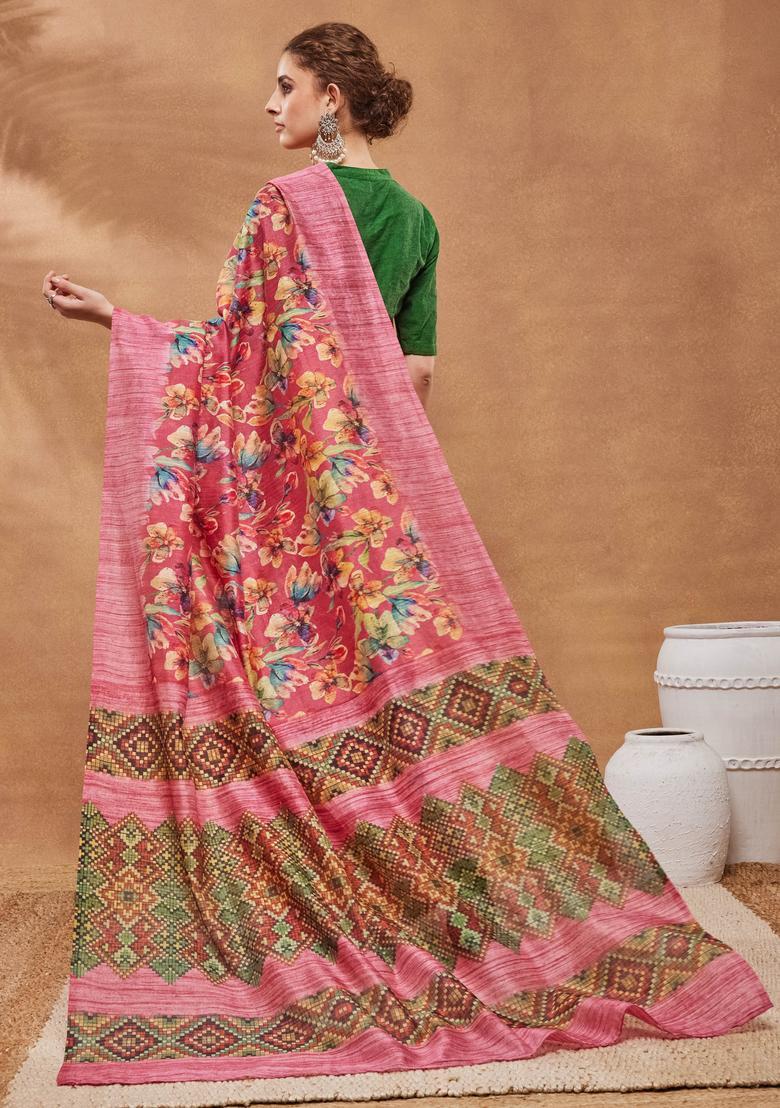 Pink Floral Print Silk Saree Set - Indya