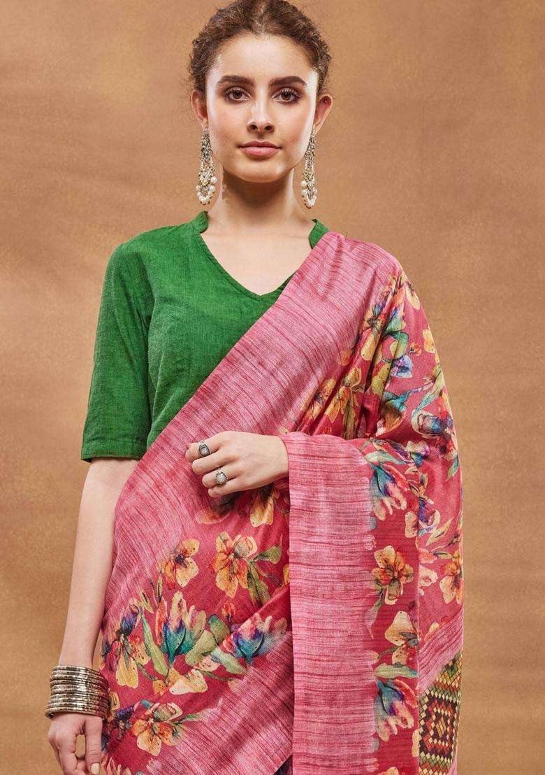 Pink Silk Saree Set with Floral Print for Diwali | Wedding & Festive Wear - Indya