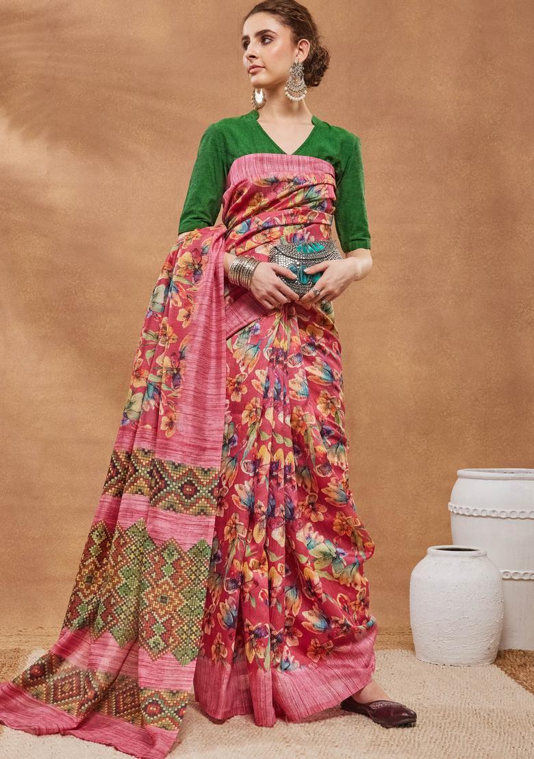 Pink Floral Print Silk Saree Set - Indya