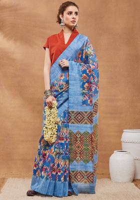 Blue Floral Print Silk Saree Set