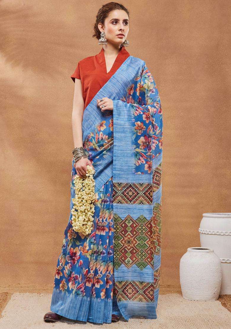 Blue Floral Print Silk Saree Set for Diwali and Festive Wear - Indya
