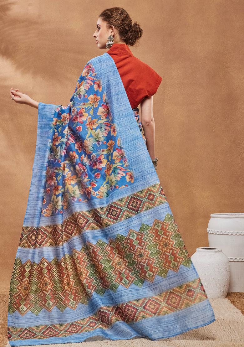Blue Floral Print Silk Saree Set - Indya