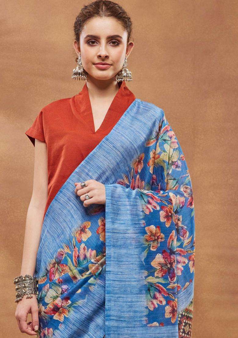 Blue Floral Print Silk Saree Set for Diwali and Festive Wear - Indya