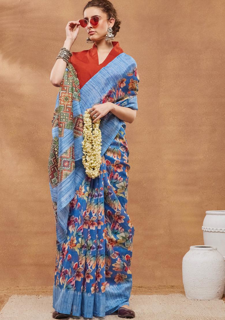 Blue Floral Print Silk Saree Set - Indya