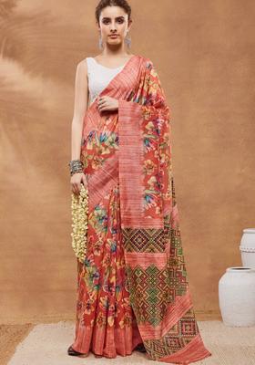 Orange Floral Print Silk Saree Set