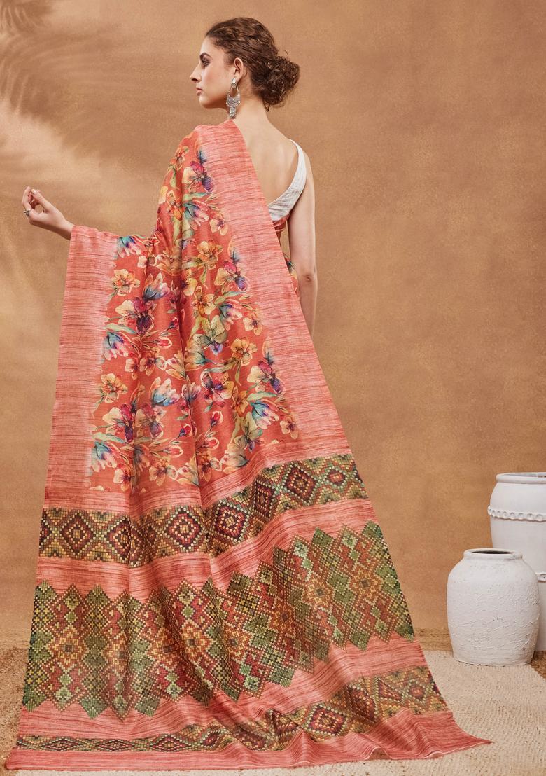 Orange Floral Print Silk Saree Set - Indya