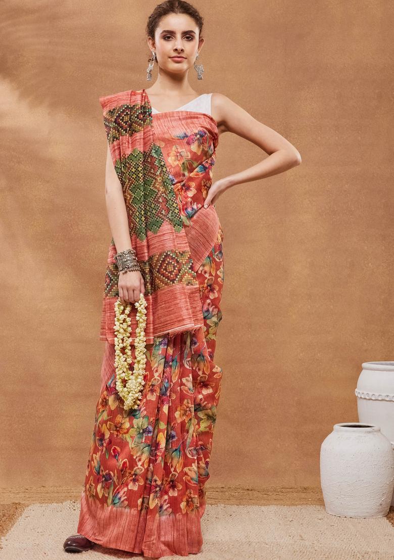 Orange Floral Print Silk Saree Set - Indya