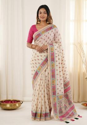 White Printed Cotton Saree Set