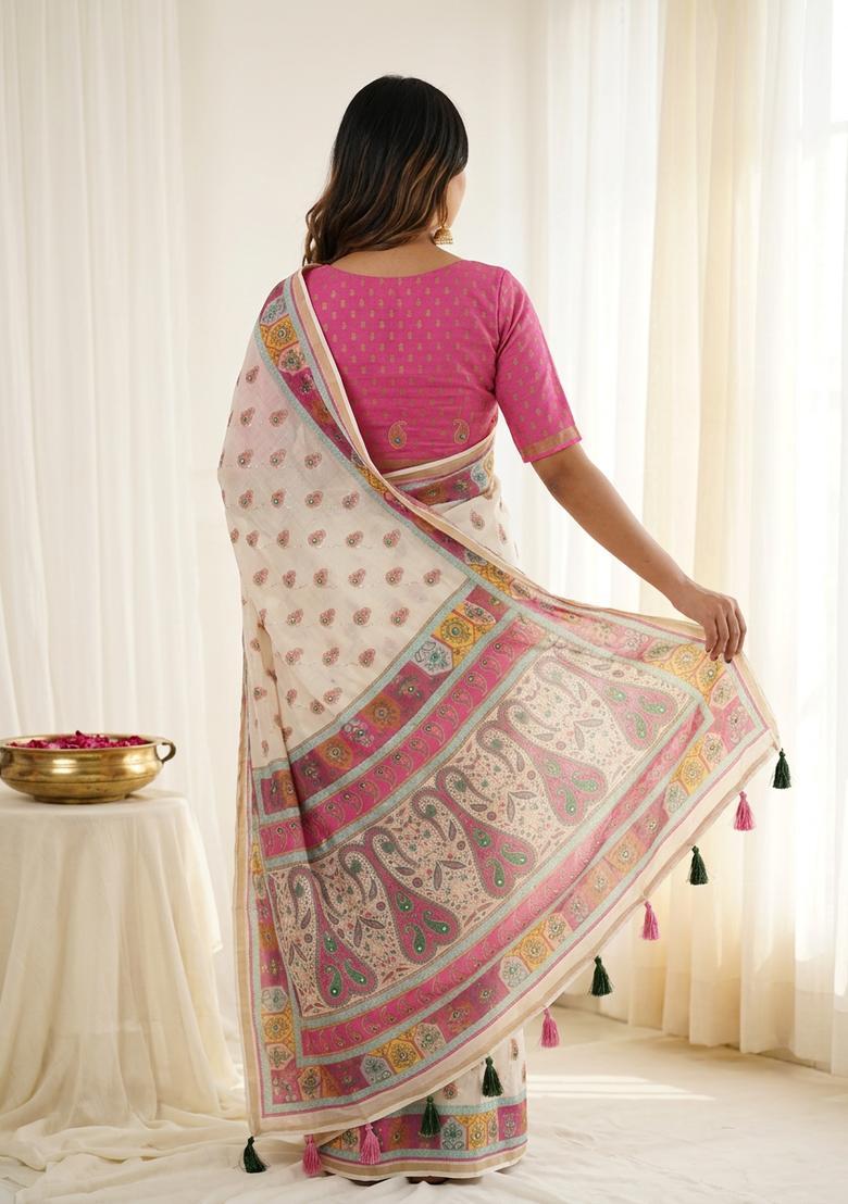 White Printed Cotton Saree Set - Indya