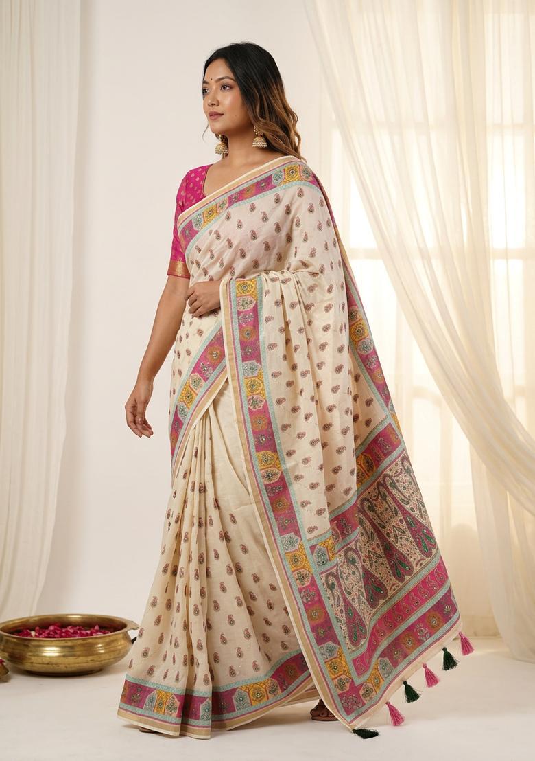 White Printed Cotton Saree Set - Indya