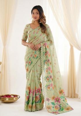 Grey Printed Cotton Saree Set