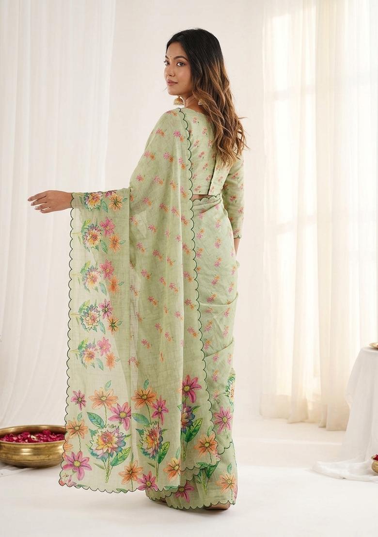 Grey Printed Cotton Saree Set - Indya