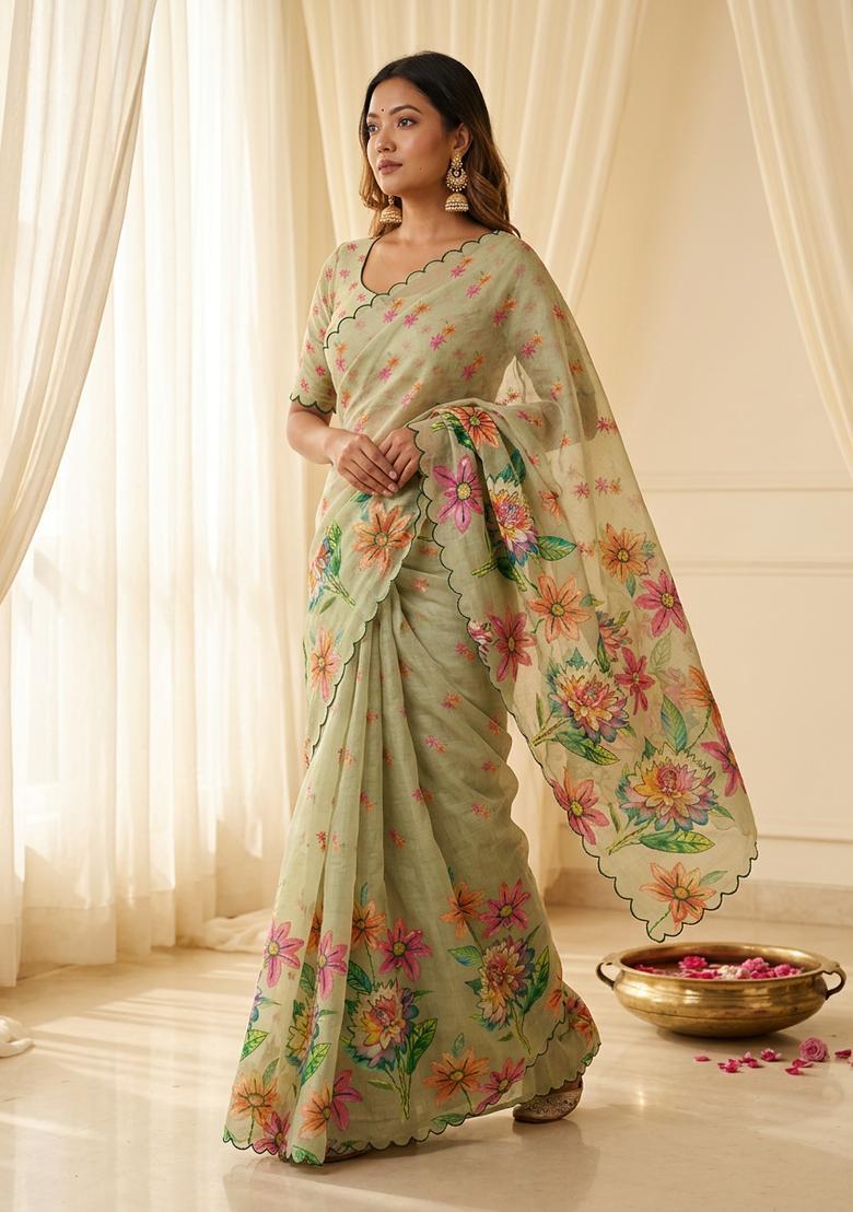 Grey Printed Cotton Saree Set - Indya