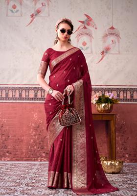 Maroon Zari Work Silk Saree Set