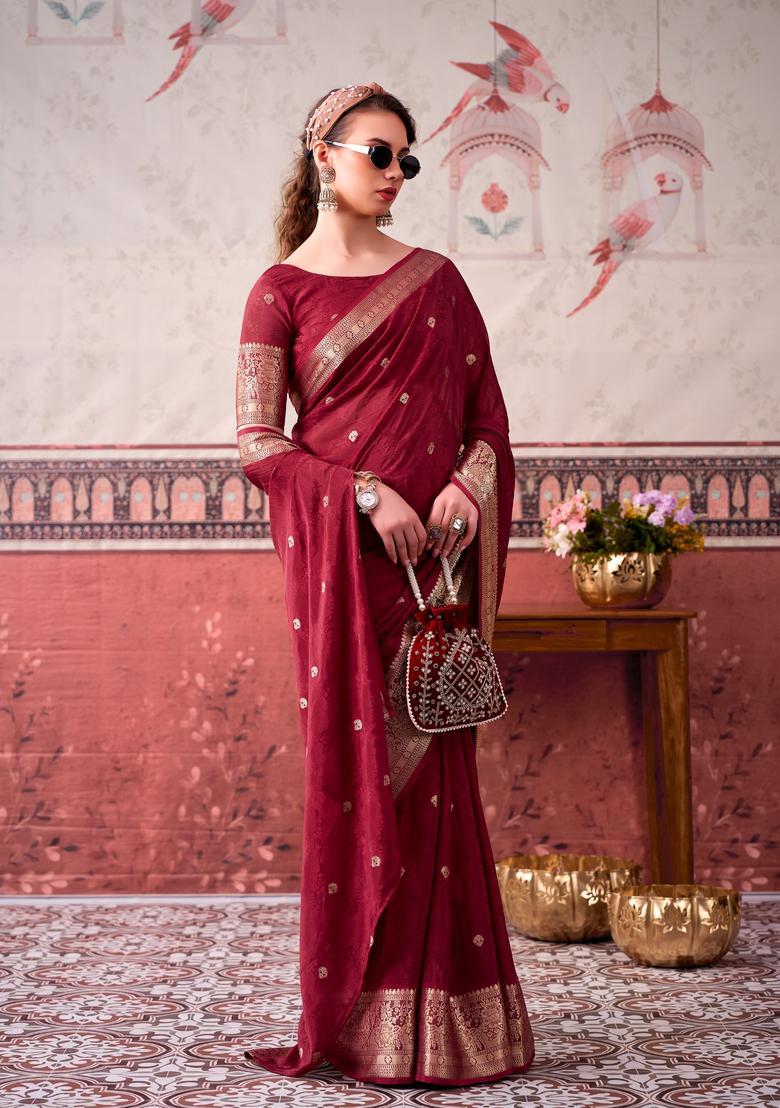 Maroon Zari Work Silk Saree Set - Indya