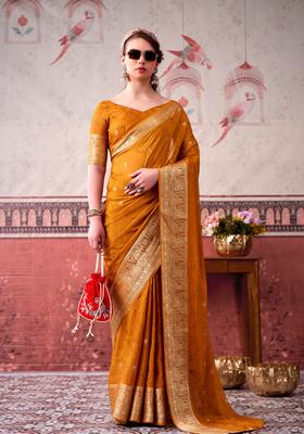 Mustard Zari Work Silk Saree Set