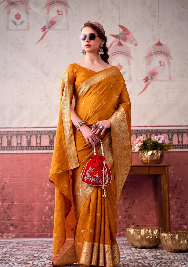 Mustard Zari Work Silk Saree Set - Indya