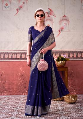 Blue Zari Work Silk Saree Set