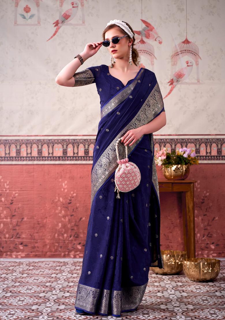 Blue Zari Work Silk Saree Set - Indya