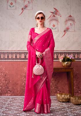 Pink Zari Work Silk Saree Set