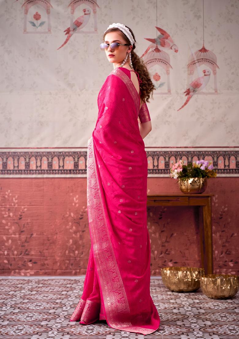 Pink Zari Work Silk Saree Set - Indya