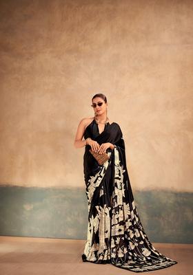 Black Printed Silk Saree Set