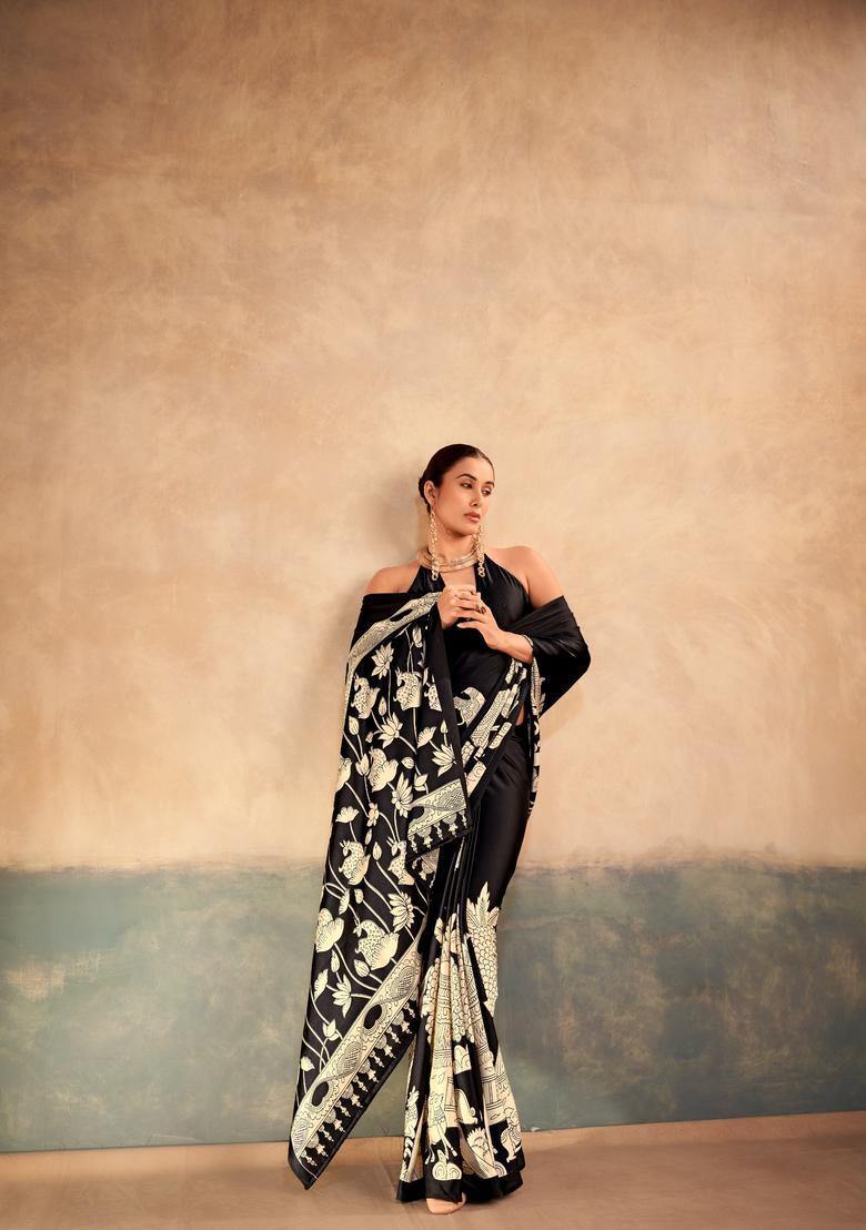 Black Printed Silk Saree Set - Indya