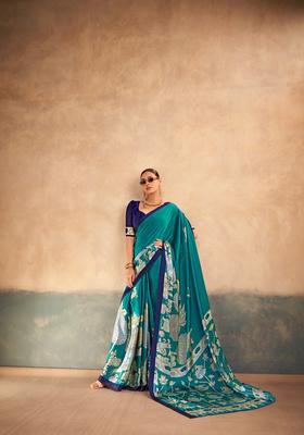 Blue Printed Silk Saree Set