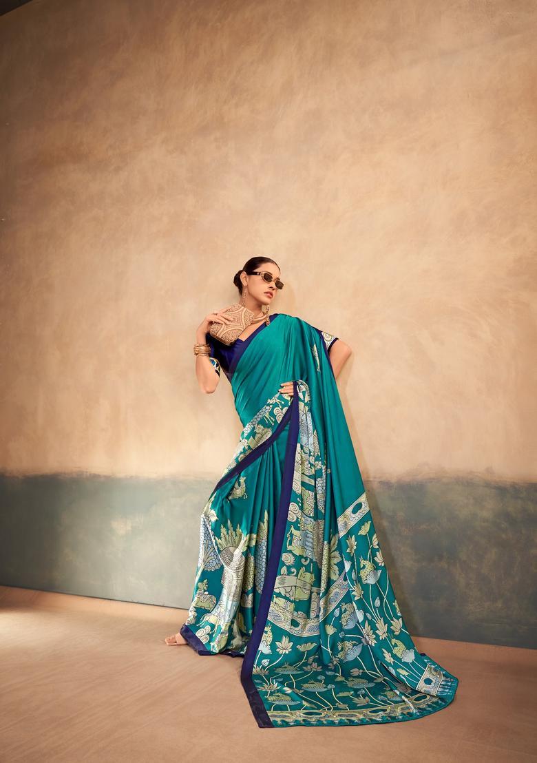 Blue Printed Silk Saree Set - Indya