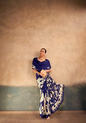 Blue Printed Silk Saree Set