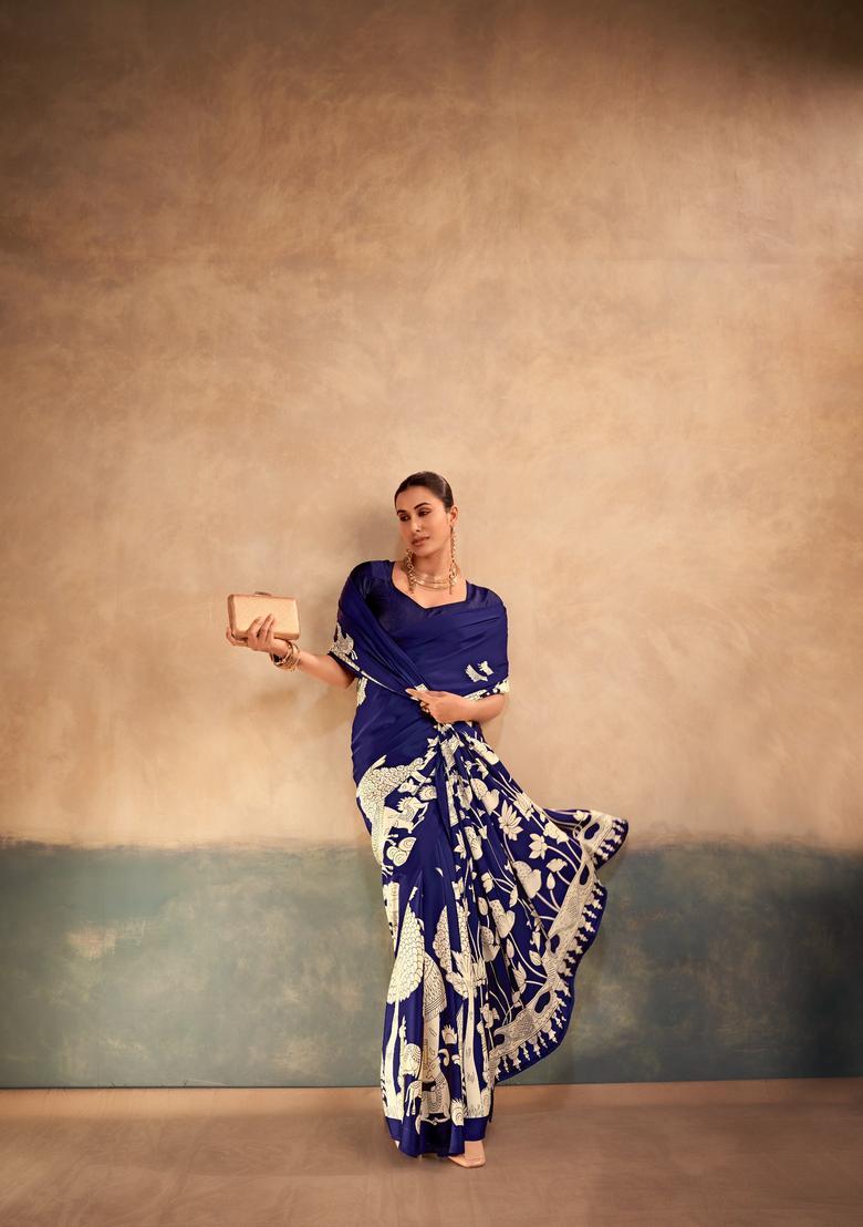 Blue Printed Silk Saree Set - Indya