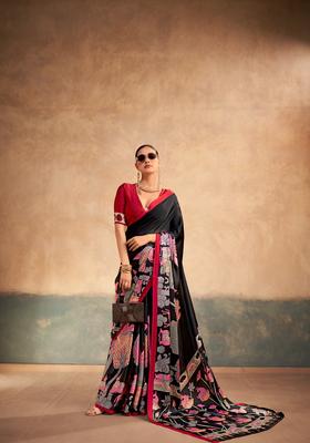 Black Printed Silk Saree Set