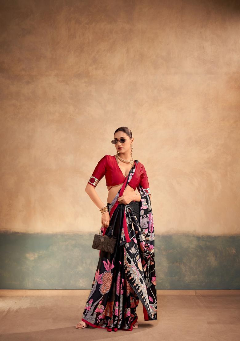 Black Printed Silk Saree Set - Indya